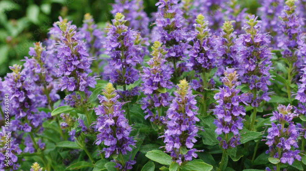 Purple flowers of hyssop plant bloom in green garden Purple flowers of hyssop plant bloom in green garden