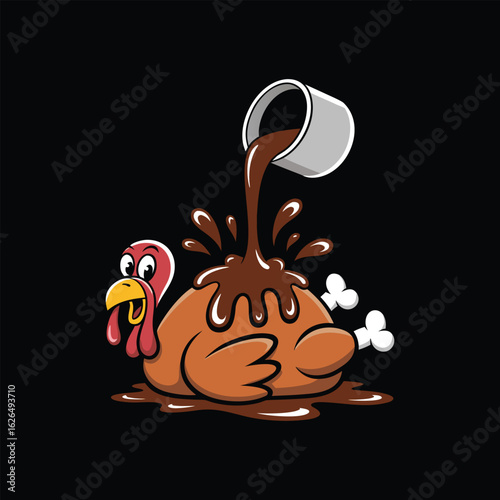 A cooked turkey soaks in gravy poured from a silver cup with transparent background