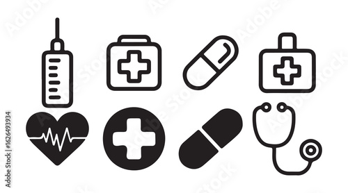 Medical Icons Set. Stethoscope, Syringe, First Aid Kit, Pill in Line and Solid Style. Victor illustration eps10