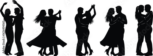 Silhouette of couples dancing, romantic poses, elegant movements, ballroom style, tango, waltz, salsa, partner dance, artistic, graceful, dramatic, expressive, synchronized