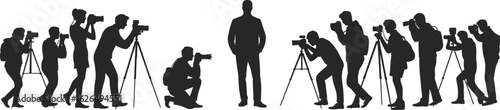 Silhouette of person surrounded by photographers, press coverage scene, media attention, paparazzi moment, cameras and tripods, vector illustration
