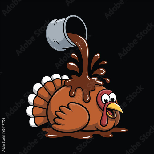 Cartoon turkey gets covered by falling gravy from the bucket above him isolated