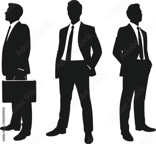 Silhouettes of businessmen in suits, professional poses, briefcase and confident stance, corporate identity concept, vector illustration, career success
