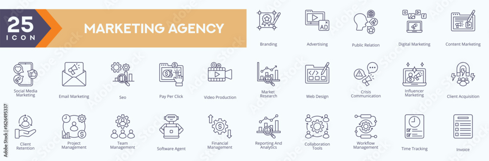 Fototapeta premium Marketing Agency icons collection vector images in outline style, containing several branding, advertising, public relation, digital marketing, content marketing for Web and application icons. 