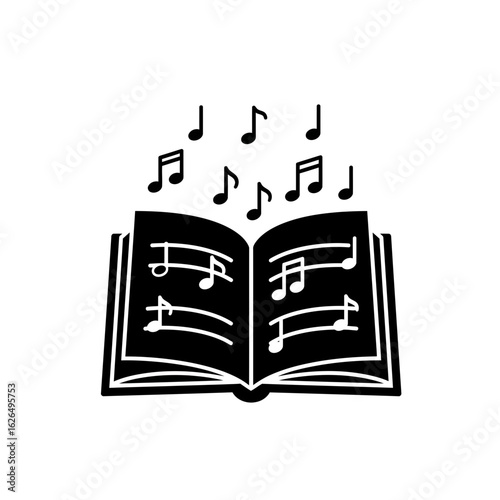 Open book with musical notes floating above it icon silhouette