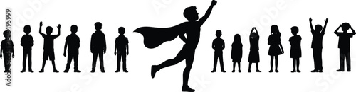 Silhouettes of children standing in row, superhero pose in center, individuality and confidence, childhood expression, vector illustration, cape icon