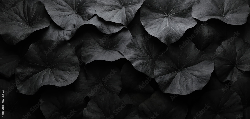Fototapeta premium Cluster of vibrant leaves in various shades of black, scattered in random harmonious arrangement. Unique shapes, colors, textures create sense of wild beauty, freedom. Gradient black background