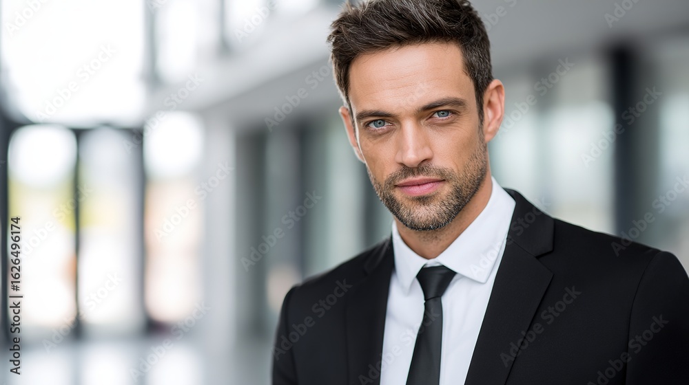 Fototapeta premium A professional consultant in formal attire, exuding confidence against a blurred office backdrop.