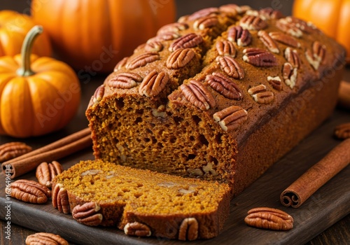 Delicious homemade pumpkin bread with pecans and cinnamon sticks