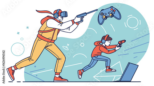 Illustration of two gamers playing with vr headset and controller in a virtual reality environment