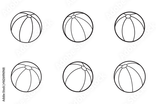 Pattern of six beach balls on white background seamless repeating vector design perfect for summer themes or childrens designs