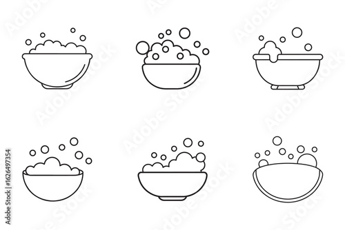 Set of Line Art Bath Icons with Bubbles and Foam for Spa and Hygiene Concepts Vector Illustration