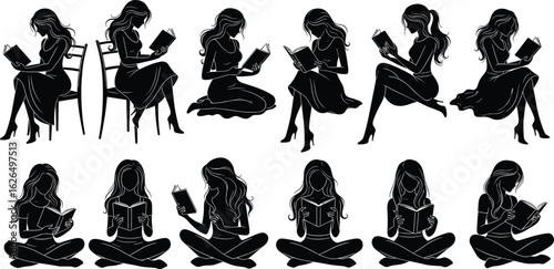 Silhouettes of people reading books, seated poses, cross-legged and chair positions, literacy concept, education, relaxation, vector illustration