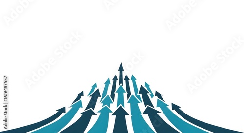 Arrow formation, a strategic direction depicting path to success on white background. Arrow formation points to common goal. Strategic direction emphasizes company growth and achievements,