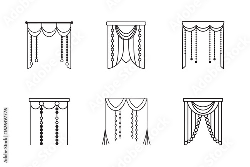 Set of Six Decorative Curtain Outline Illustrations with Varied Designs and Beaded Accents for Interior Decor
