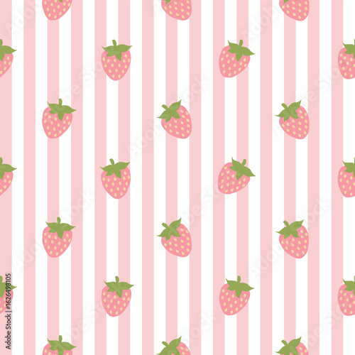 Pink Strawberries Seamless Pattern. striped background. Perfect for Prints, Wrapping Paper, Wallpaper, Textiles, Stationery, and Fabric.