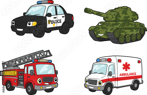 Cartoon emergency and military vehicles illustration, police car, ambulance, fire truck, army tank for kids, educational transport drawing