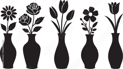 Black silhouette of five different flower arrangements in vases