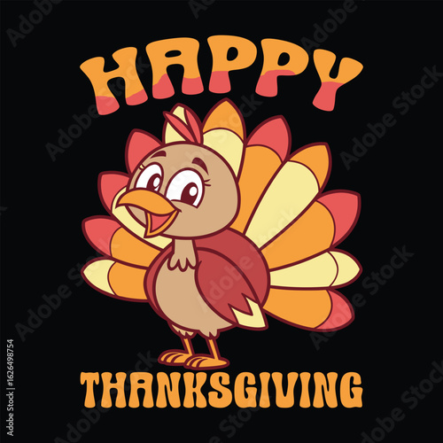 Cartoon turkey with vibrant autumn feathers celebrates the joyful Thanksgiving season and wishes everyone happy