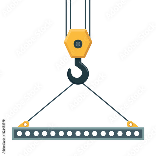 Industrial crane hook lifting a heavy steel beam with cables