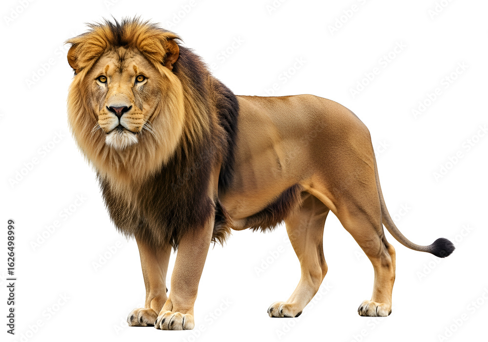 Obraz premium Majestic lion portrait against a black background.