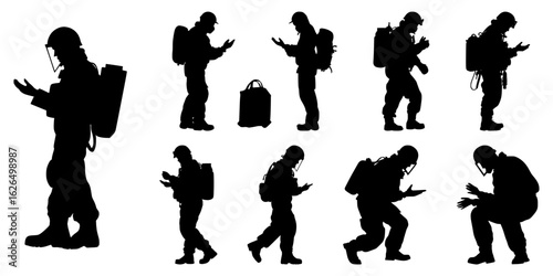 Protective suit silhouette vector set of military personnel inspecting suspicious equipment