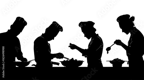 Team of chefs silhouettes cooking and preparing meals in a professional kitchen