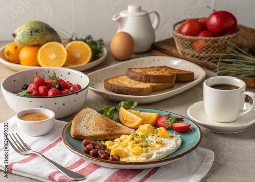 breakfast with coffee and fruits
