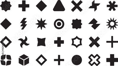 Collection of Black Geometric Shapes on White Background in a Grid Pattern