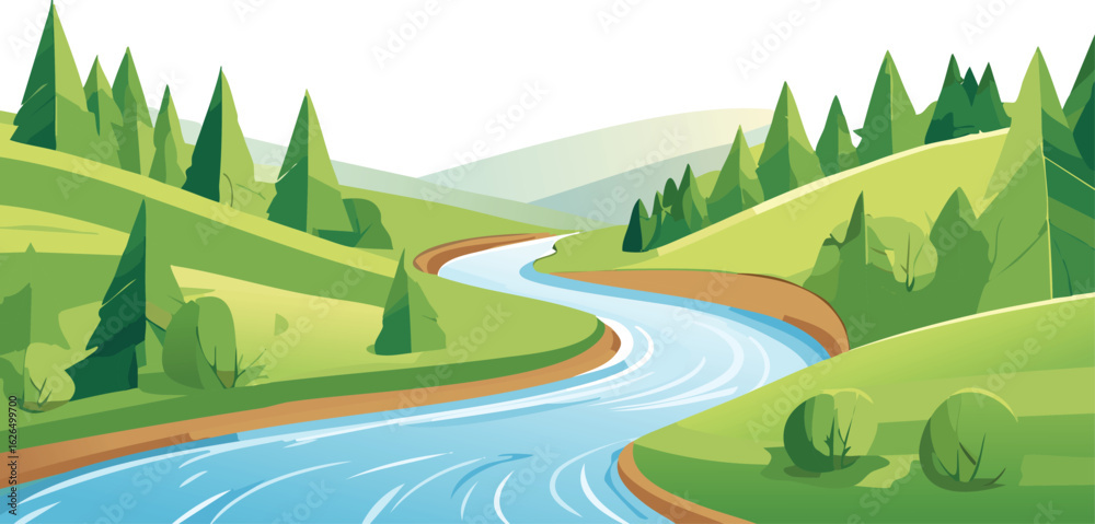 Obraz premium Serene River Winding Through Tree-Covered Hills