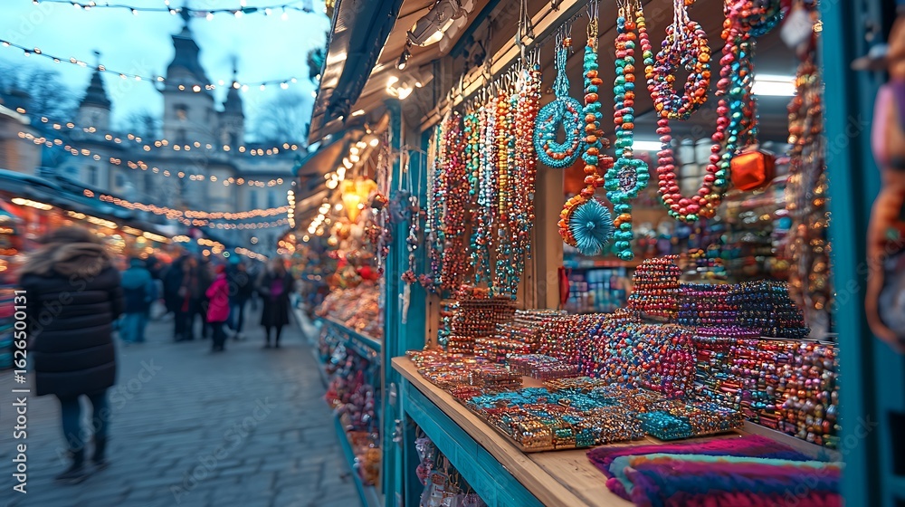 Fototapeta premium Colorful beaded jewelry displayed at a market stall.