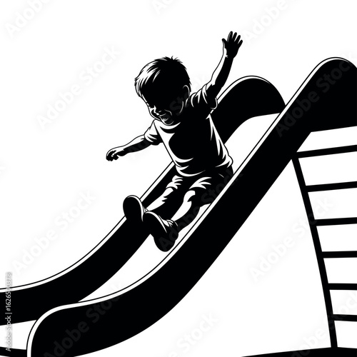 Joyful child sliding down a playground slide with arms raised in excitement