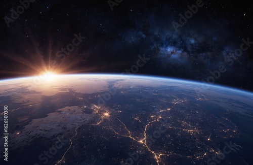 Cosmic view of Earth at night from space. Blue, green hues cover planet, oceans, atmosphere. Cities, islands lit up like stars, contrasted with dark sky. Low sun on horizon creates long shadows,