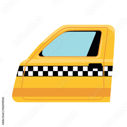 Yellow taxi cab door with checkered pattern and window