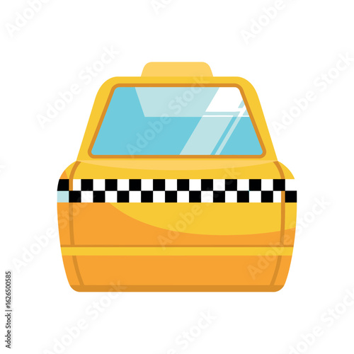 Front view of a classic yellow taxi cab with checkered stripe