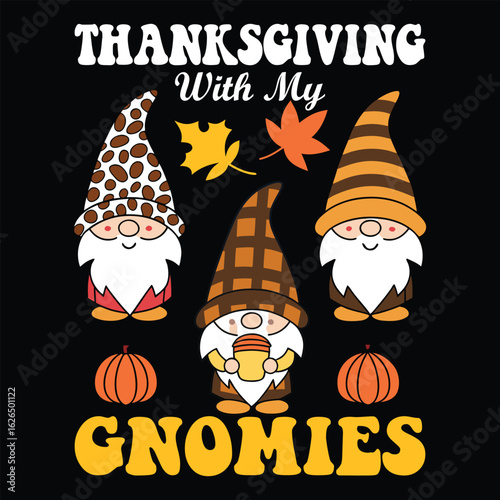 Thanksgiving gnomes with patterned hats hold pumpkins and a warm drink against black background