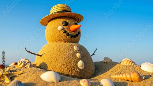 Sandman made from beach sand wearing straw hat with seashells and orange carrot nose. Summer beach creativity concept for holiday vacation and family entertainment content