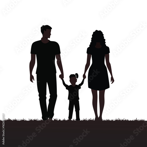 Silhouette of a young family with a small daughter walking hand in hand. A conceptual illustration of parenthood, love, and togetherness.