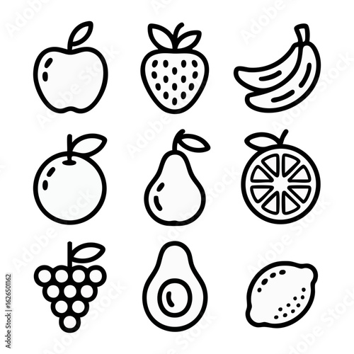 A set of simple line art icons for fruits