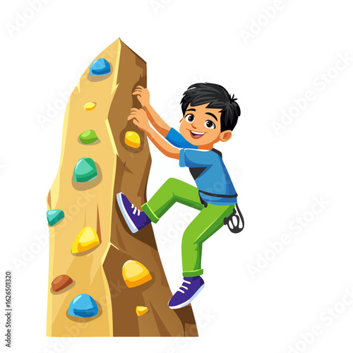 Cartoon boy climbing wall with holds, rock climbing, fun and exercise for young child.