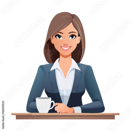 Cartoon businesswoman with cup, office desk. Animated professional woman character in blazer, positive and successful employee at work.