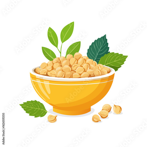 Yellow bowl full of chickpeas and green leaves on black background, illustration.