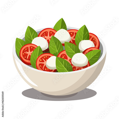 Cartoon caprese salad in bowl with sliced tomatoes, mozzarella, basil leaves, served as delicious appetizer
