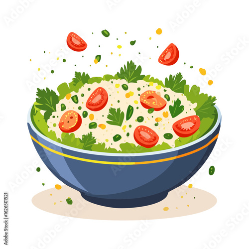 Vegetarian Salad Bowl: Fresh tomatoes, lettuce, herbs, and grains. Healthy eating, nutritious meal, food illustration on black background.
