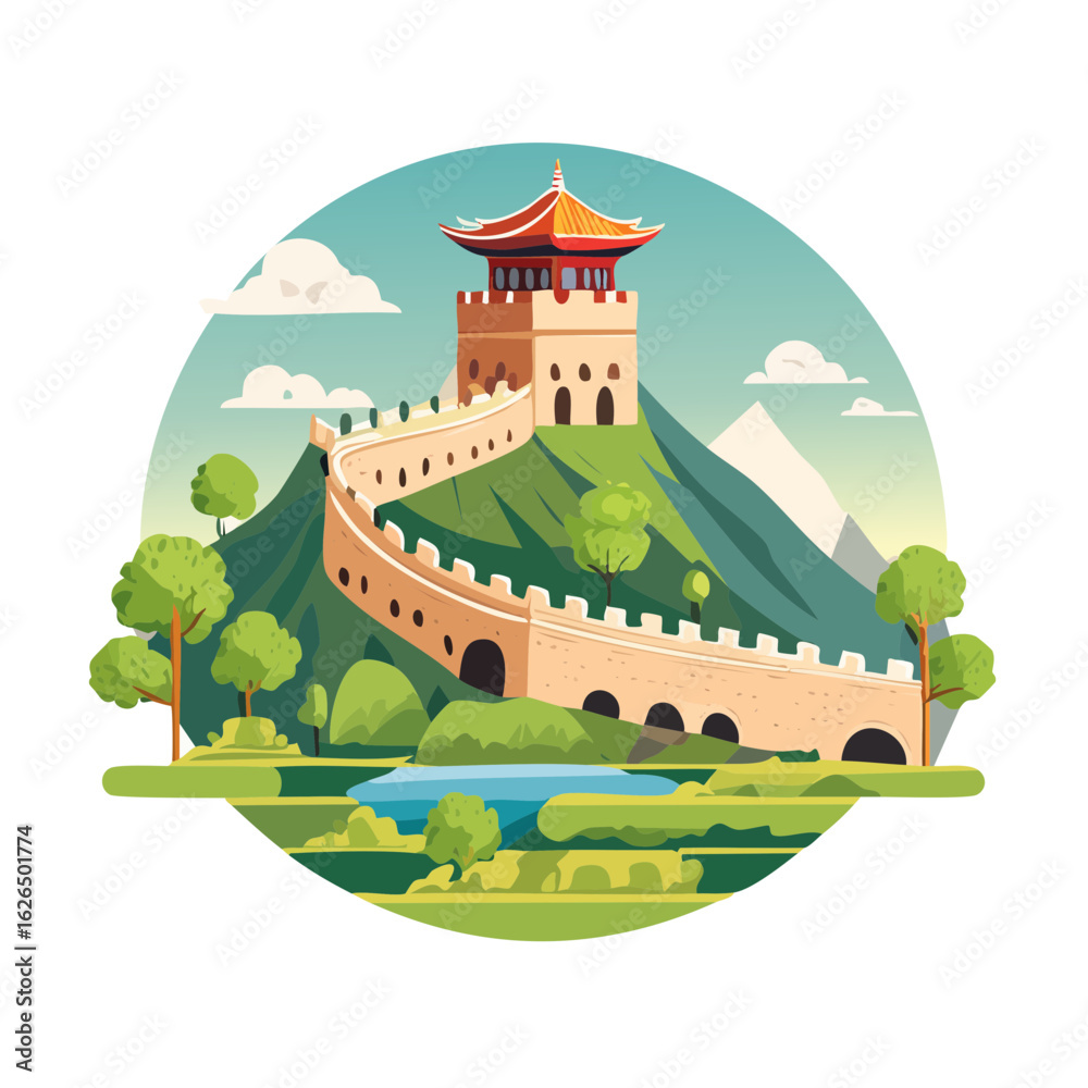 Naklejka premium Cartoon Great Wall of China illustration featuring mountains, trees, and a traditional tower.