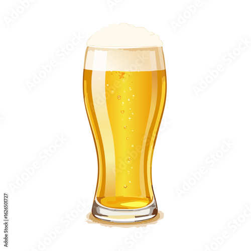 Tall glass of golden beer with foam, refreshing lager drink on a black background