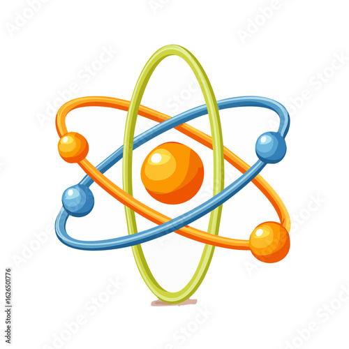 Atom graphic with nucleus and electrons in orbit, science education or technology concept