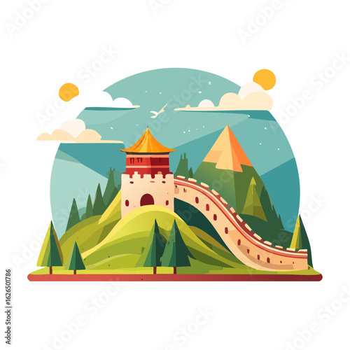 Cartoon illustration featuring a fortified wall climbing across green hills to a tower with pagoda roof, with mountains and sky behind