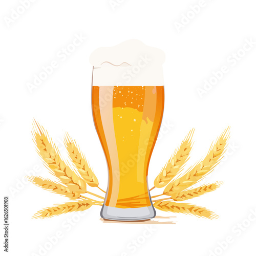 Refreshing beer glass with foam and wheat ears, representing brewery, harvest, Oktoberfest or pub.