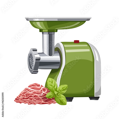 Illustration of a green meat grinder with ground meat and basil on a black background